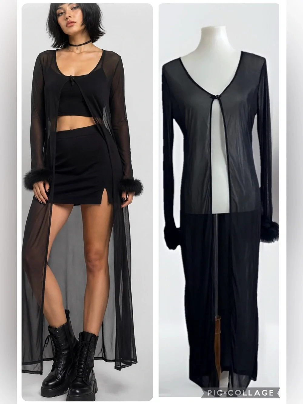 Vintage Whimsigoth Whimsical Fairy Sheer Black Long Duster with Faux Fur Cuffs